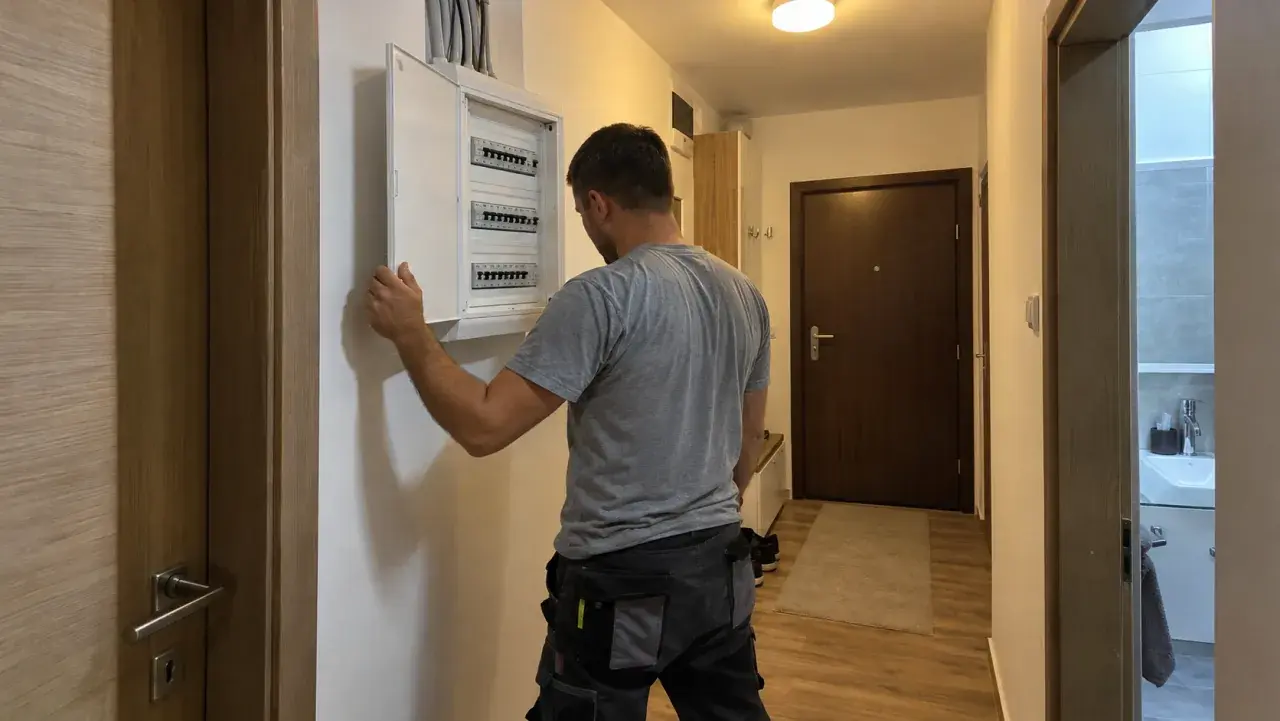 Električar kod otvorene razvodne table u stanu u Novom Sadu
