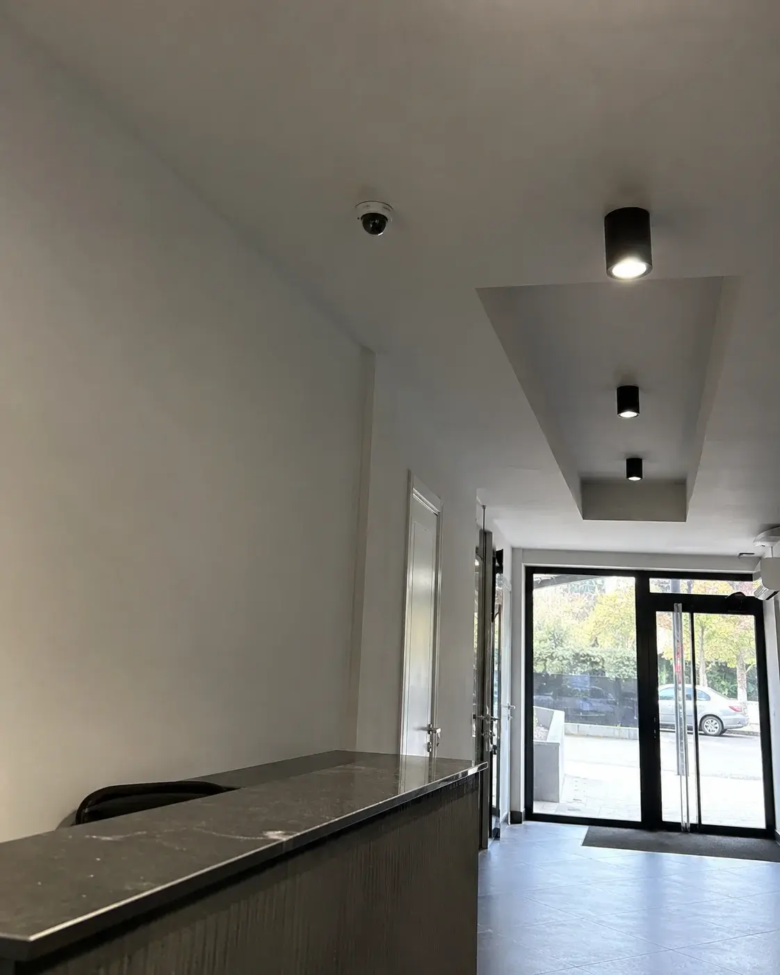Dome kamera diskretno postavljena na plafonu ulaza u poslovni prostor