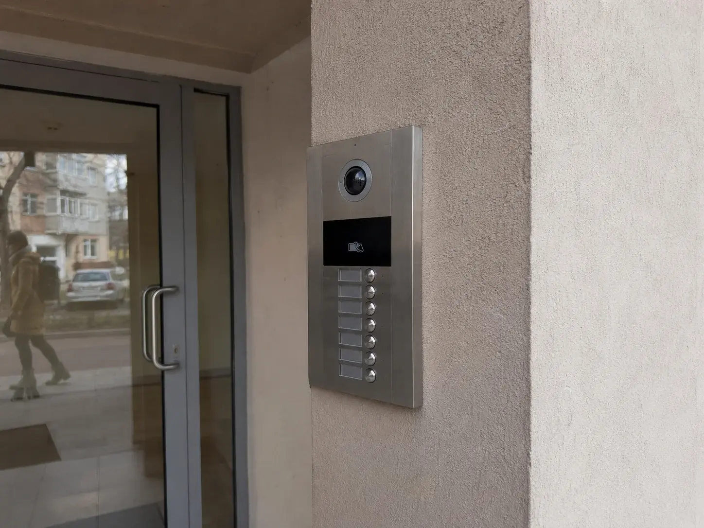 Moderna pozivna tabla interfona sa kamerom pored ulaza u zgradu