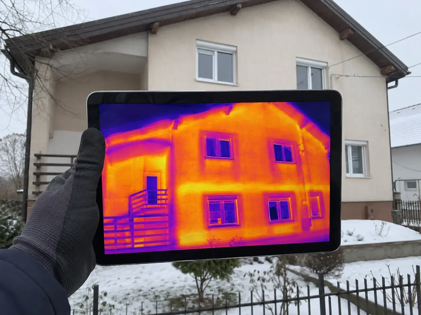 Termalna slika fasade kuće na tablet ekranu pokazuje gubitke toplote