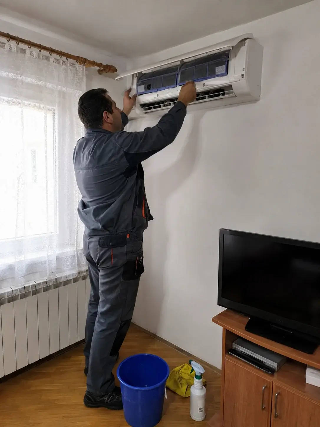 Tehničar otvara unutrašnju jedinicu klime u dnevnoj sobi